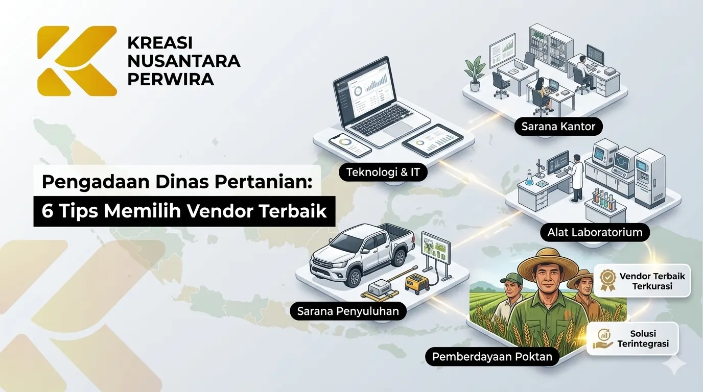 "Pengadaan Dinas Pertanian: 6 Tips Memilih Vendor Terbaik" yang menampilkan solusi terintegrasi Kreasi Nusantara Perwira mulai dari sarana kantor, teknologi, alat laboratorium, hingga pemberdayaan kelompok tani.